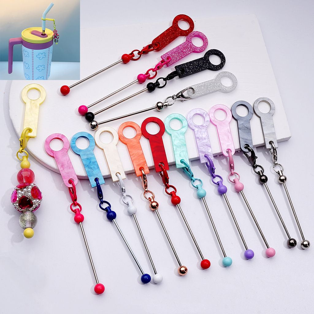 DIY Beadable Metal Bar for Keychain in Solid Color with Carabiner Hook Plastic Long Ring Hoop on Cup's Straw, 116MM