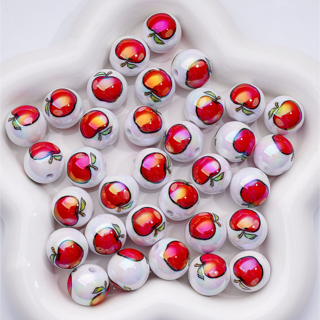 UV Coating Red Apples Round Acrylic Beads, 16MM