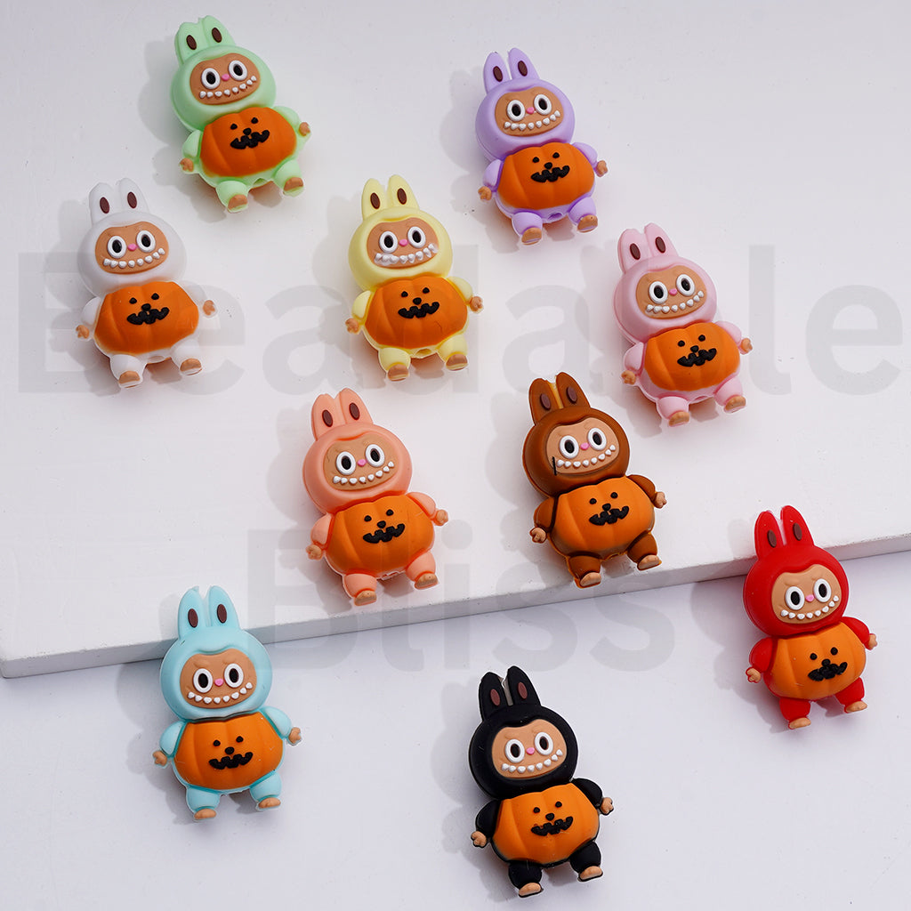 3D Little Cute Labub Monster with Pumpkin Halloween Pop Mar Silicone Focal Beads, Random Mix