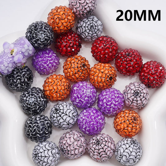 Clear Rhinestones Black White Spider Web Stripes Round Acrylic Beads in Solid Color, 20MM
