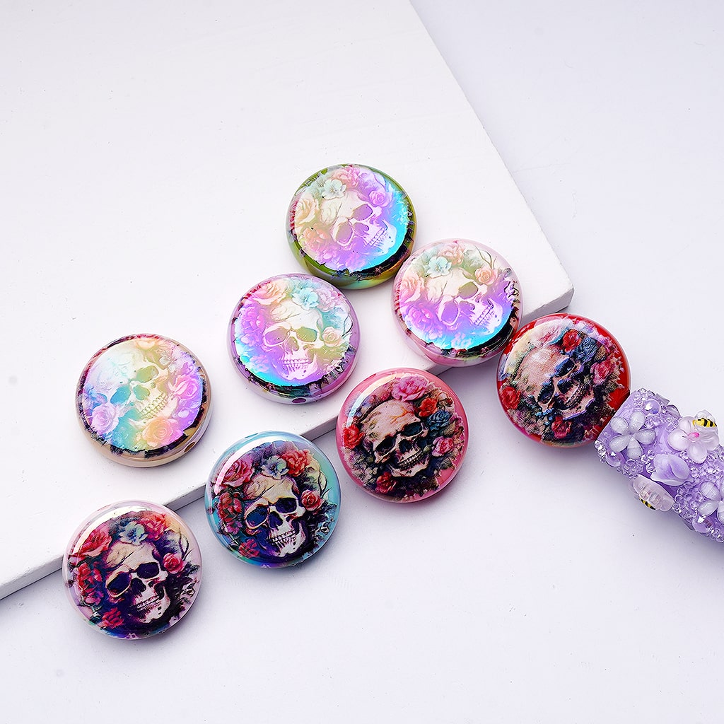 UV Coating Horror Skeleton Skull Heads Flowers Round Flat Acrylic Beads, 24MM