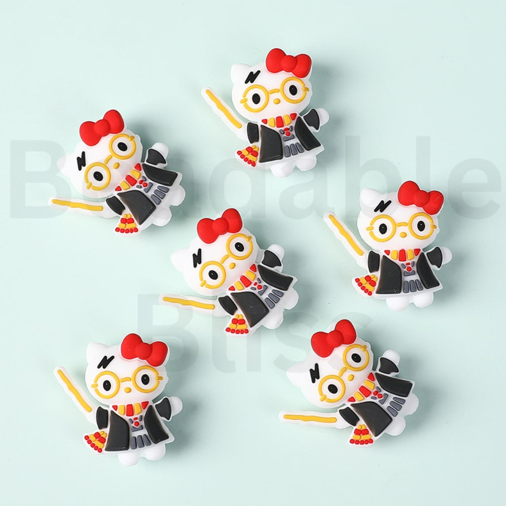 3D Cute Hello Kitt with Magic Robe Wand Glasses Red Bowknot Harr Potte Silicone Focal Beads