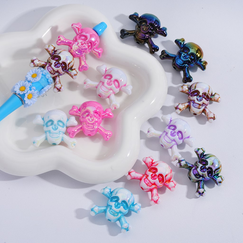 UV Coating Horror Multi-Color Skeleton Skull Head Acrylic Beads, 30*35MM, Random Mix