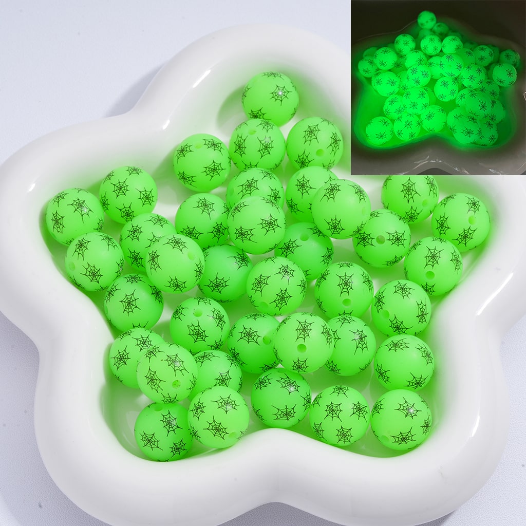 Luminous Spider Net Pattern Green Round Printed Silicone Beads 15mm, Number Z-48