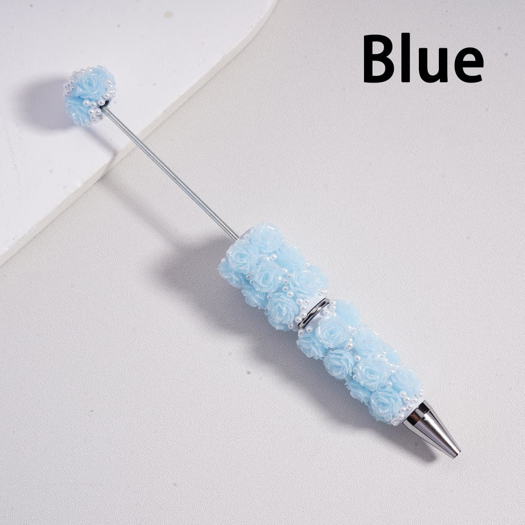 Beadable Pen Covered by Shiny Glitter Flowers White Pearls