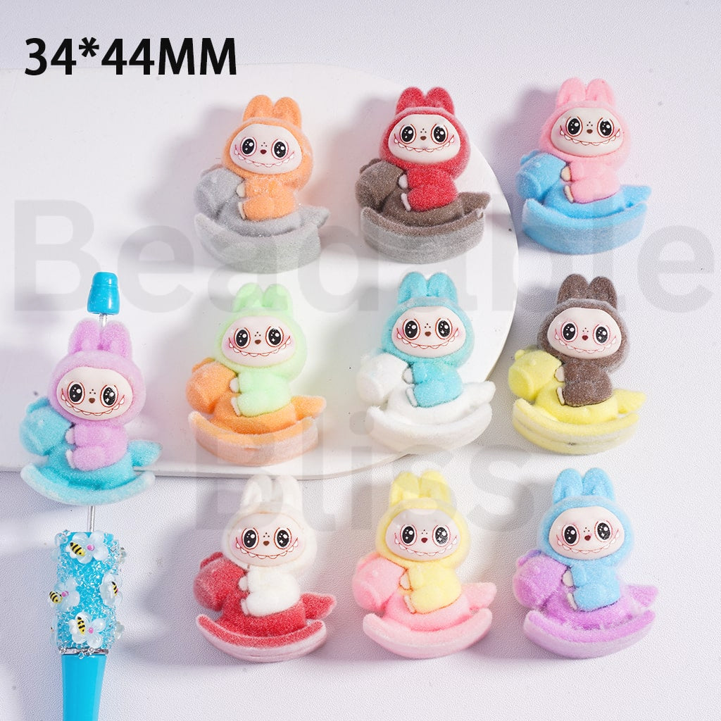 Cute Flocked Fluffy L-B-B Pop Mar Rides a Horseback Carousel Acrylic Beads, 44*34MM, Random Mix (All Through Hole)