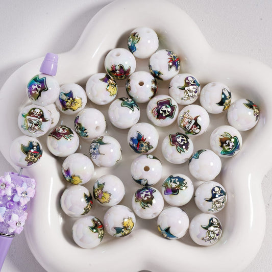 UV Finish Scary Pirates Robbers White Round Acrylic Beads, 16MM, Random Mix