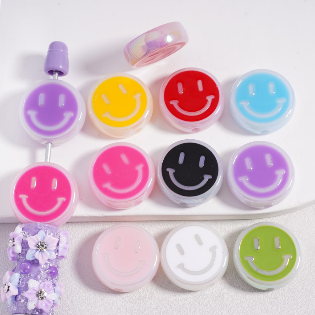 Acrylic Beads UV Coating Round Flat Cute Smile Face 21MM, Random Mix