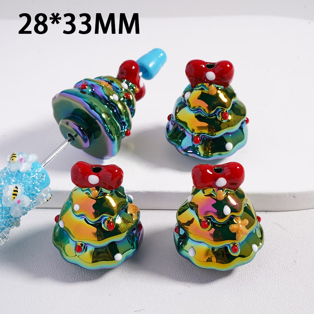 Acrylic Beads UV Coating Red & Green Christmas Tree with Bowtie 28*33MM