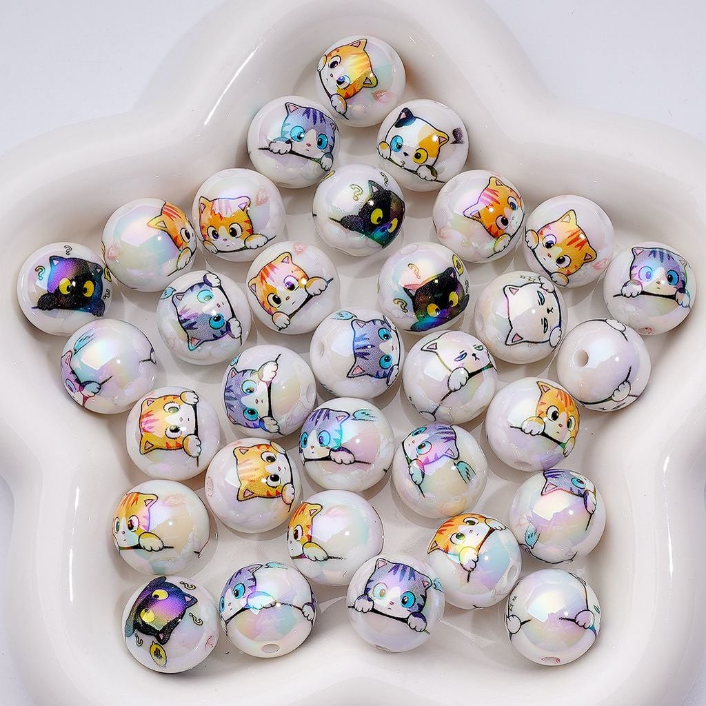 UV Coating Cute Cat White Round Acrylic Beads, 16MM, Random Mix