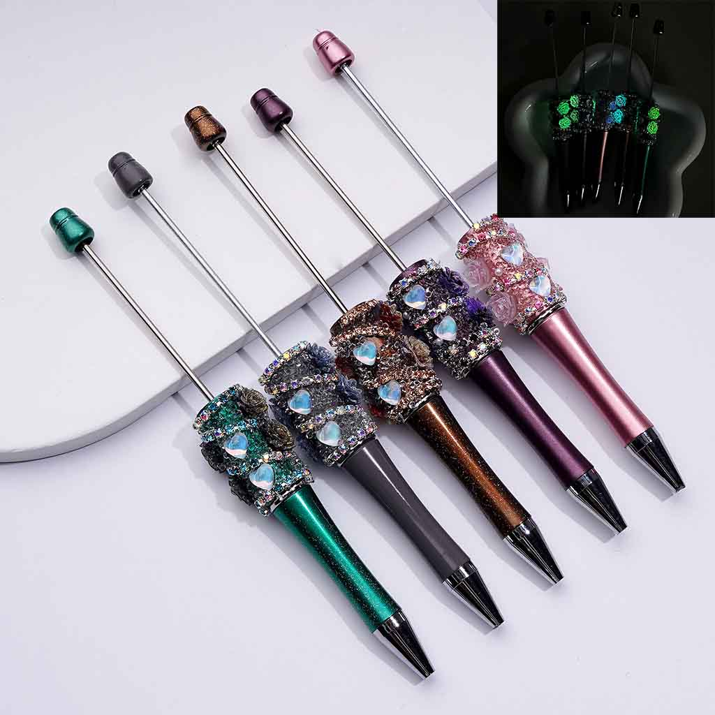 Luminous Beadable Pens with Mini Flower Shiny Rhinestones Chain Heart Diamond in Solid Colors