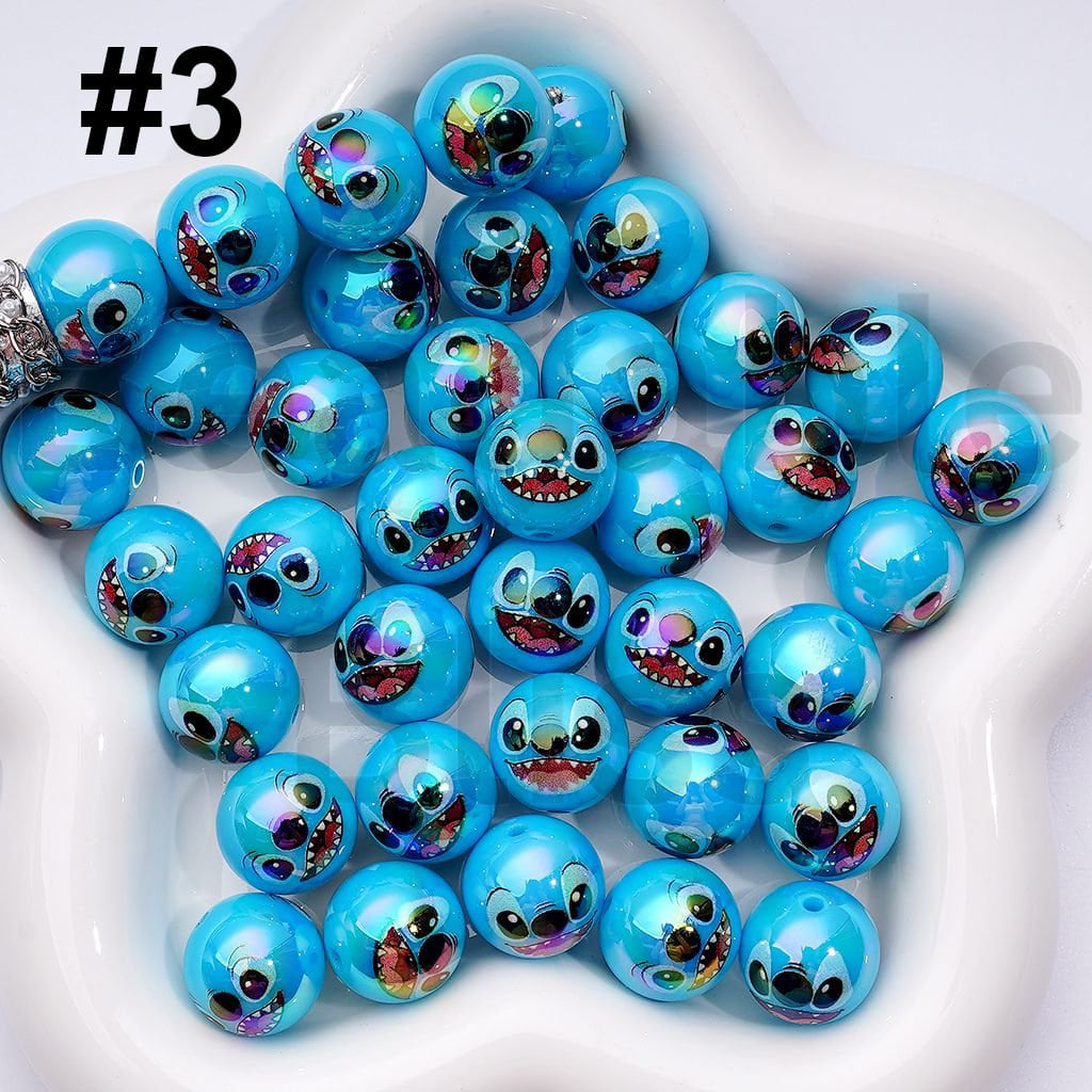 UV Coating Cute Stitc Series Blue Round Acrylic Beads, 16MM, Random Mix