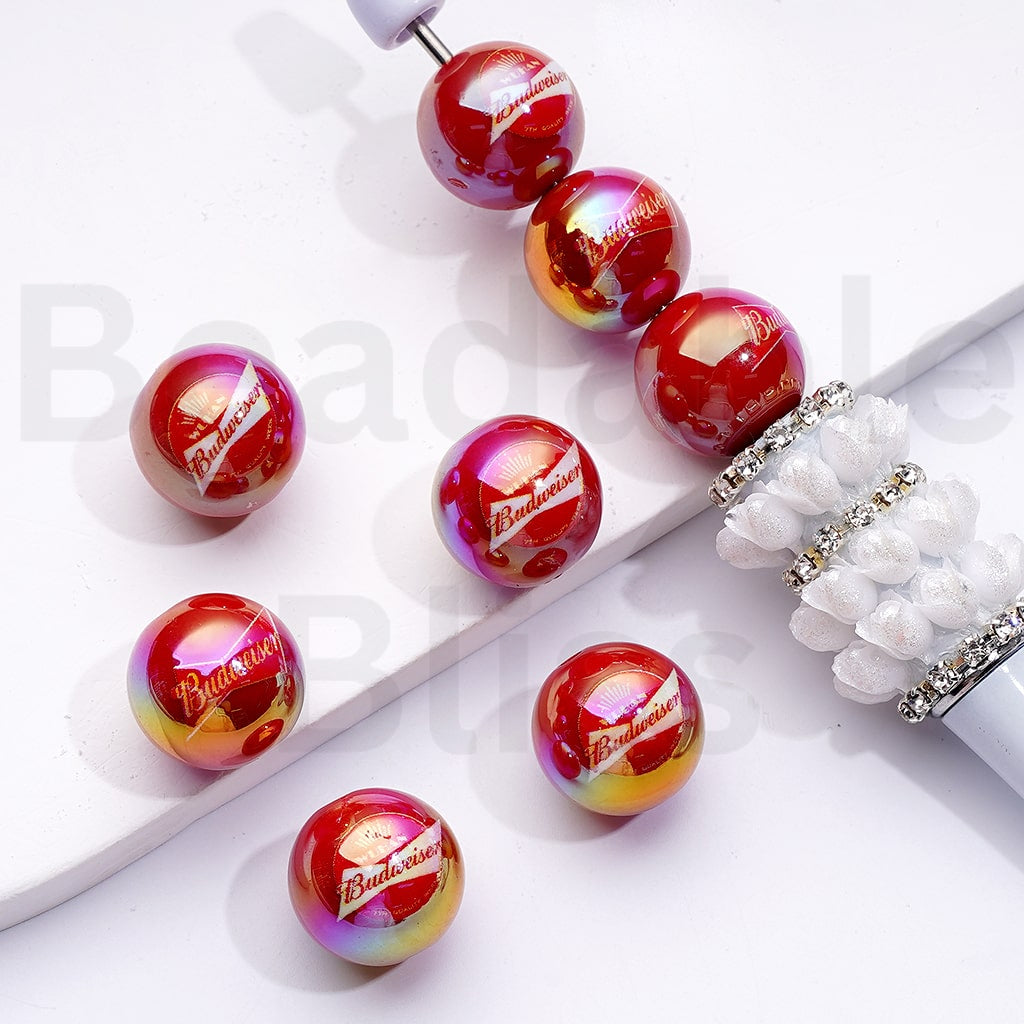 UV Coating Red Color Budweise Beer Round Acrylic Beads, 16MM, Random Mix