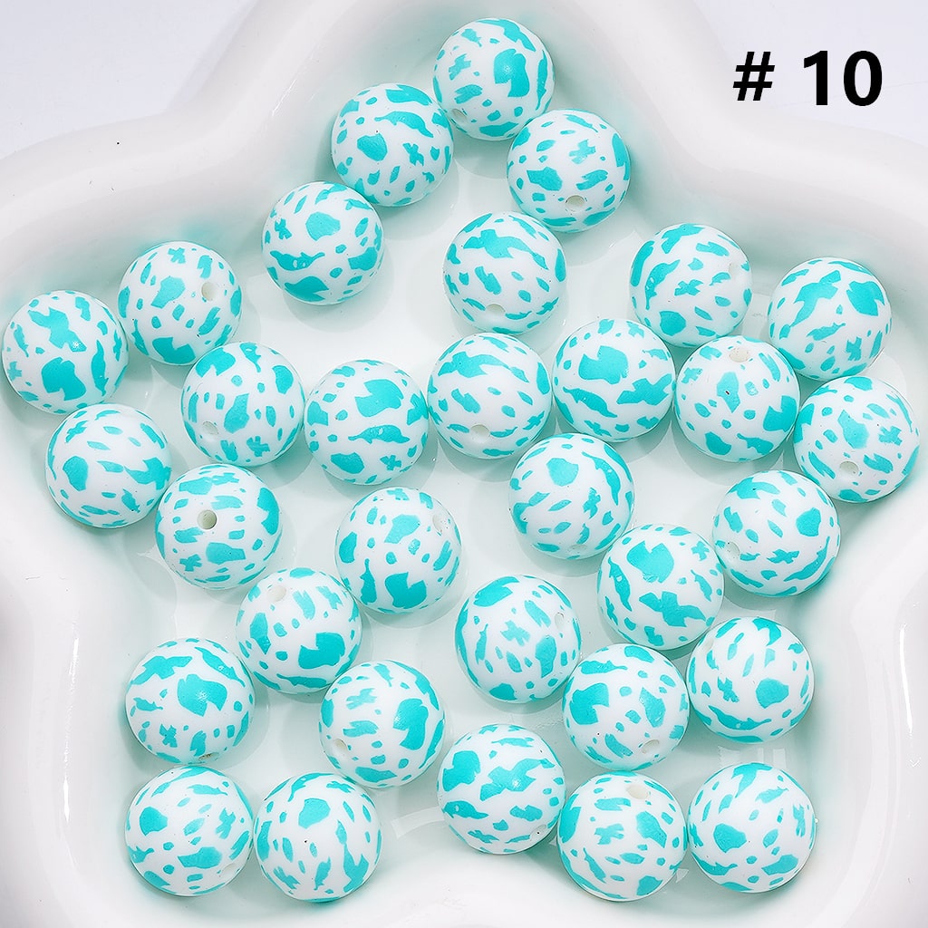Multi- Color Cow Prints Silicone Beads 15MM, Number Z-00276