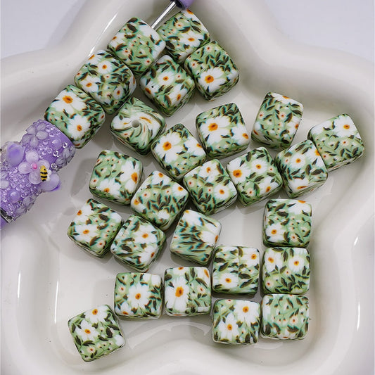 Cute White Daisy Flower Green Printed Cube Square Silicone Beads, 14MM