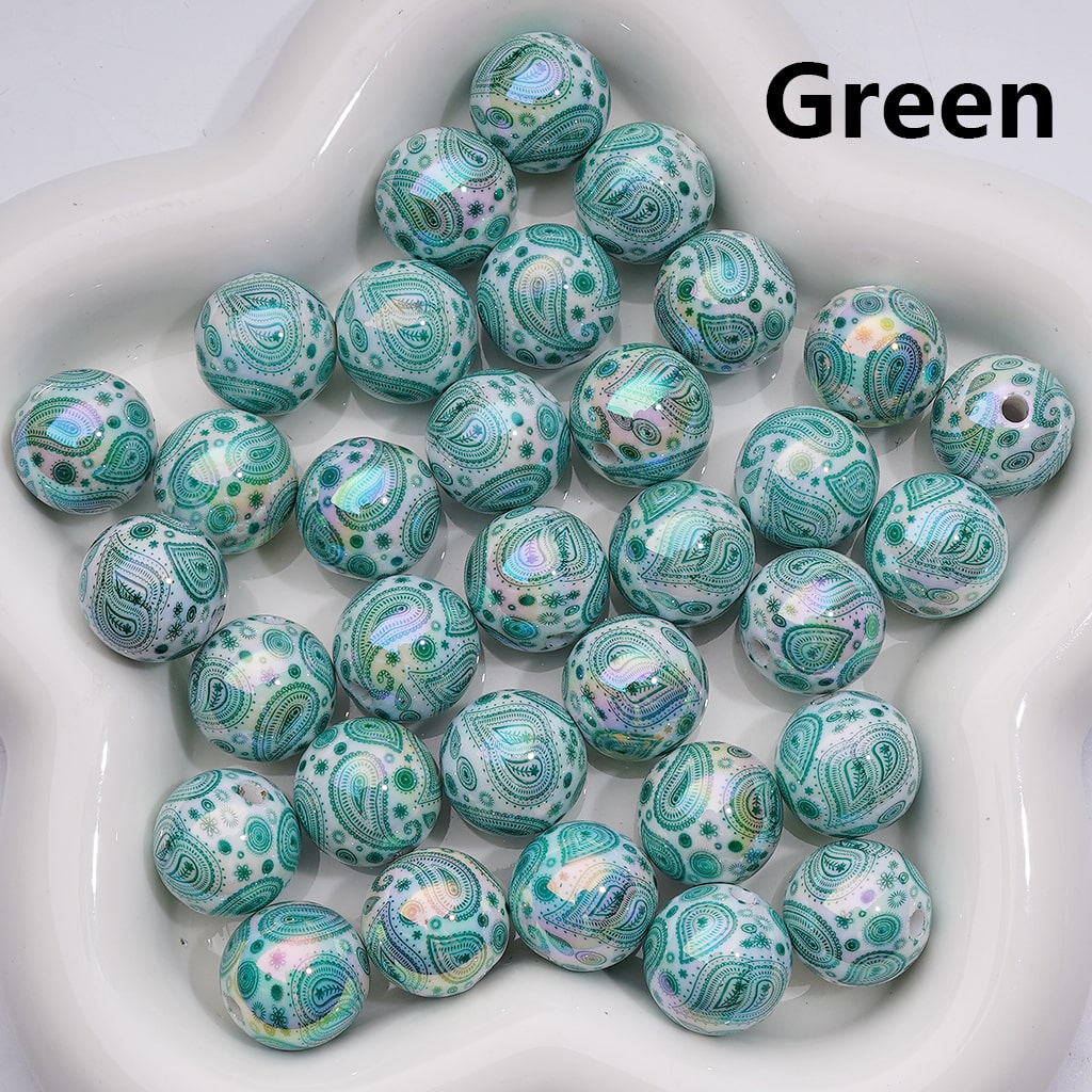 UV Coating Multi-Color Water Drop Pattern White Round Acrylic Beads, 16MM