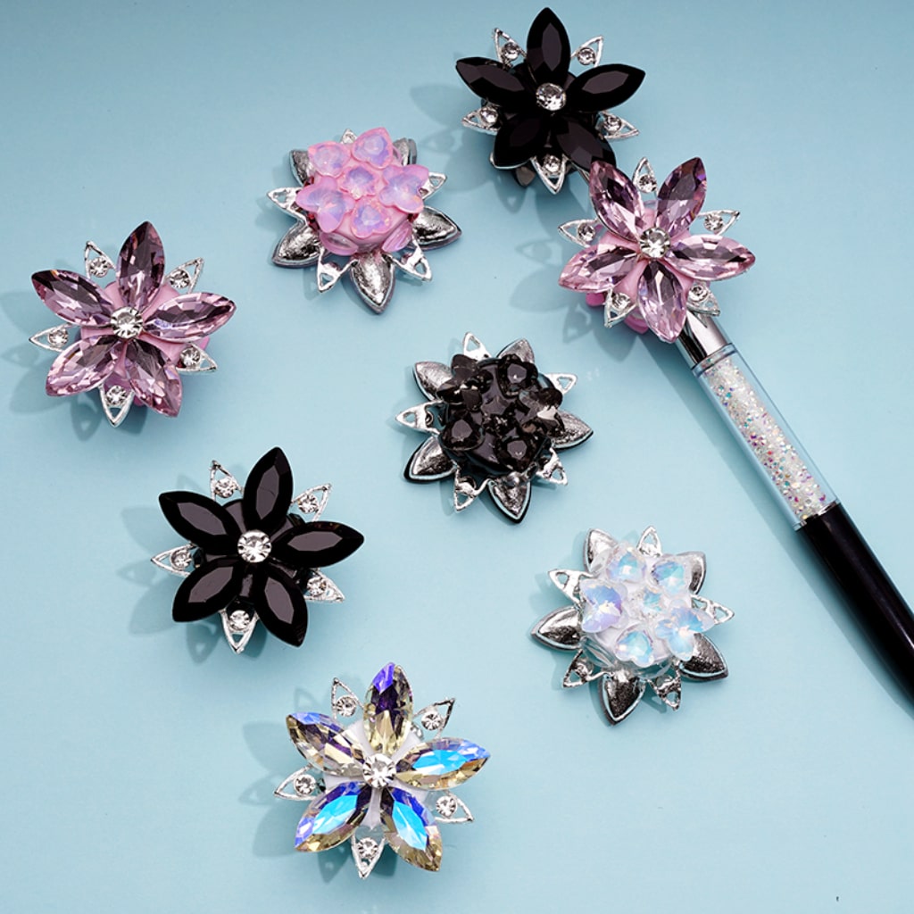 Bling Bling Fancy Large Silver Alloy Flower with Shiny Rhinestones Cute Butterflies Hearts Stars Clay Beads, Around 40MM