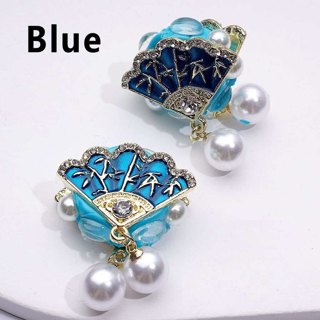 Exquisite Fancy Gold Alloy Vintage Fan with Clear Rhinestones White Pearls Pendants Clay Beads, Around 30*24MM