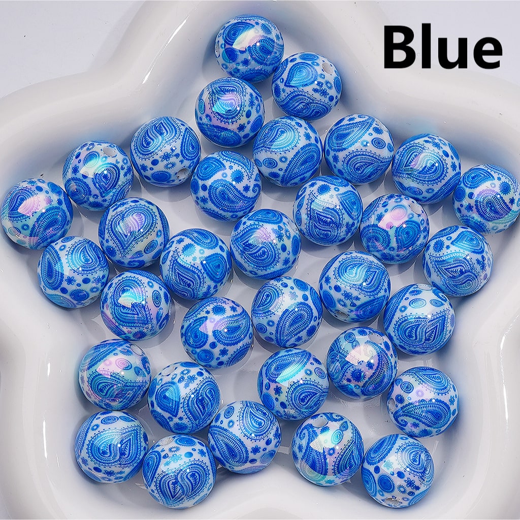 UV Coating Multi-Color Water Drop Pattern White Round Acrylic Beads, 16MM