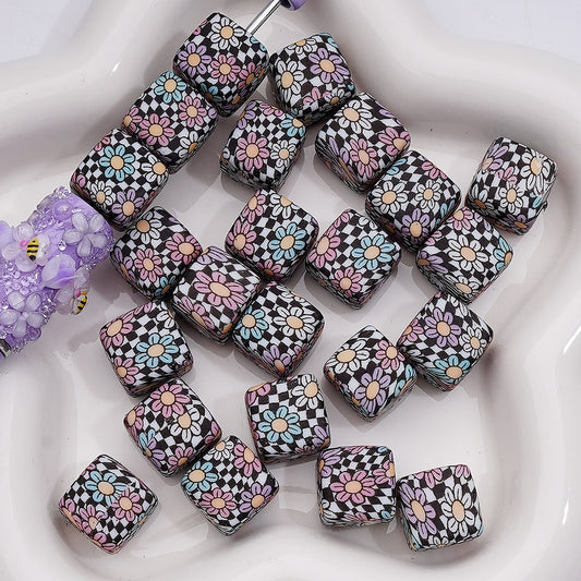 Cute Flowers Black-White Checkered Printed Cube Square Silicone Beads, 14MM