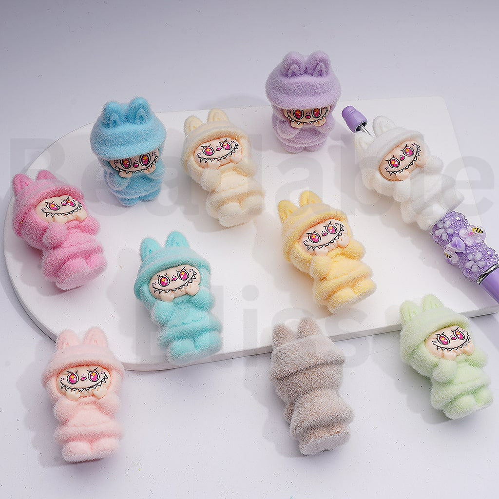 Cute Flocked Enchanted Cute Monster Doll in a Dress Pendants Pen Topper Acrylic Beads Jewelry Accessories, 50*29MM, Random Mix