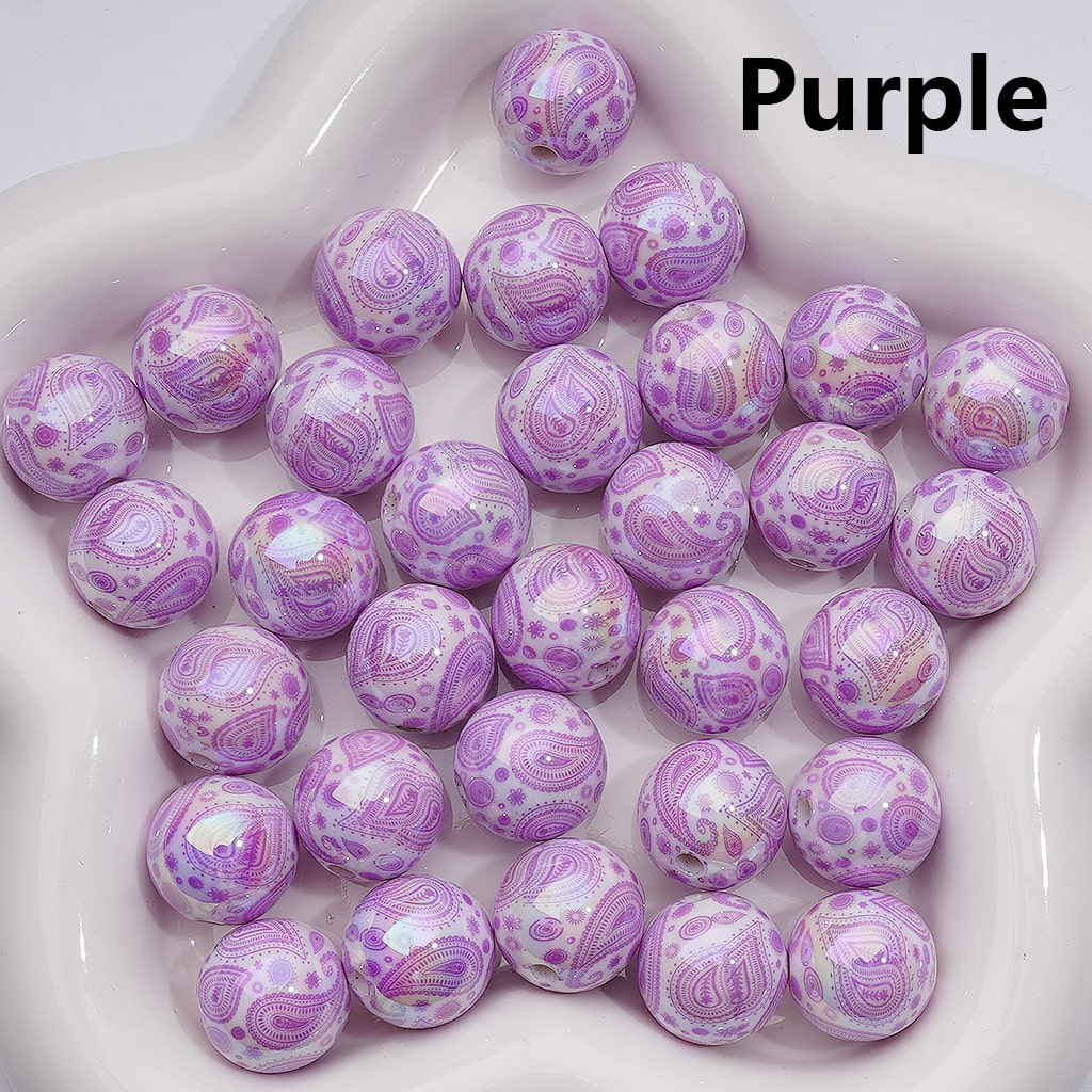 UV Coating Multi-Color Water Drop Pattern White Round Acrylic Beads, 16MM