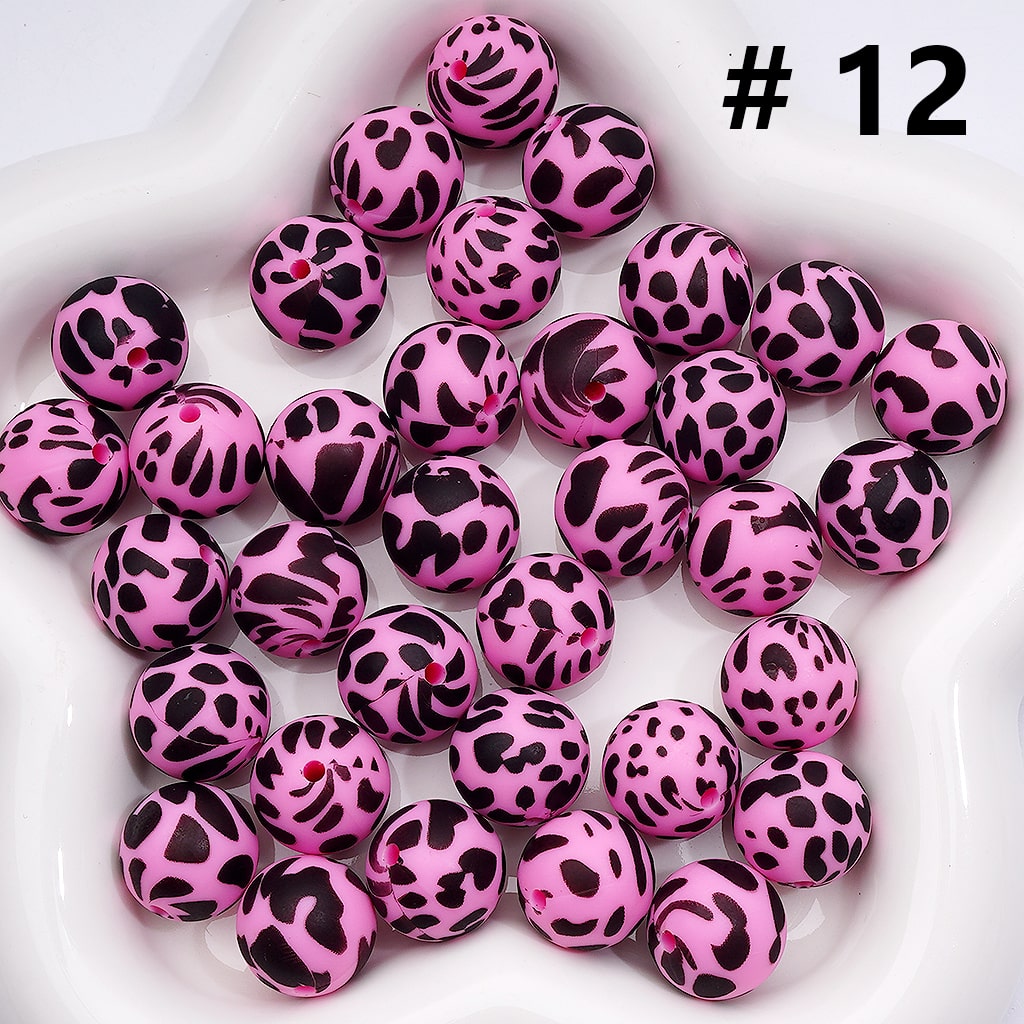 Multi- Color Cow Prints Silicone Beads 15MM, Number Z-00276