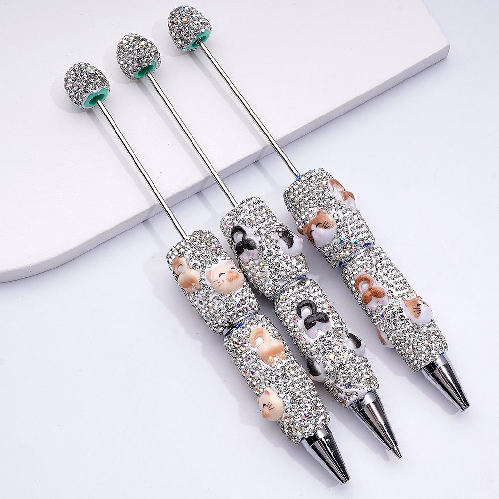 Beadable Clay Pens with Cute Cat Clear & AB Rhinestones Covered the Entire Pen, Random Mix