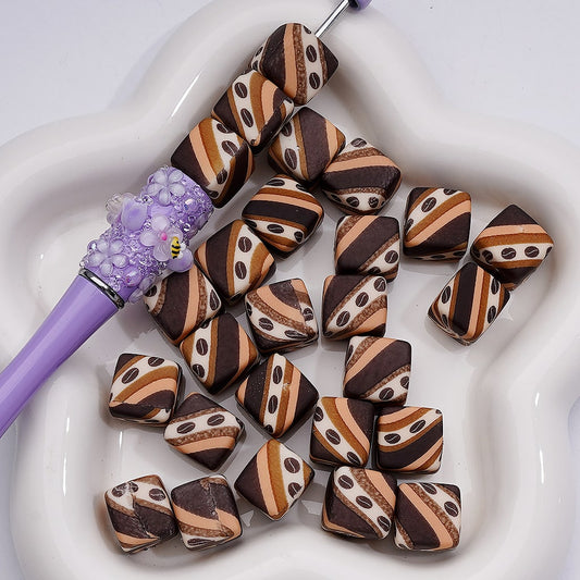 Coffee Beans Printed Cube Square Silicone Beads, 14MM