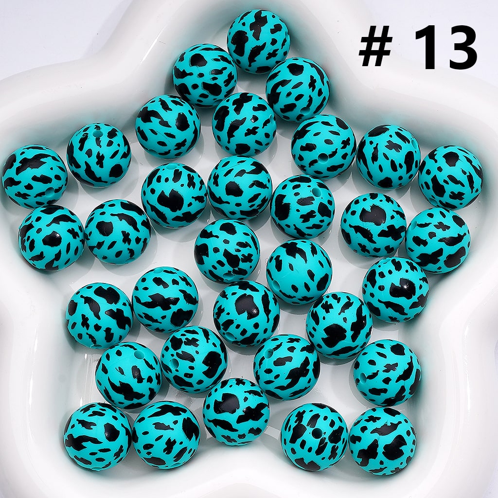 Multi- Color Cow Prints Silicone Beads 15MM, Number Z-00276