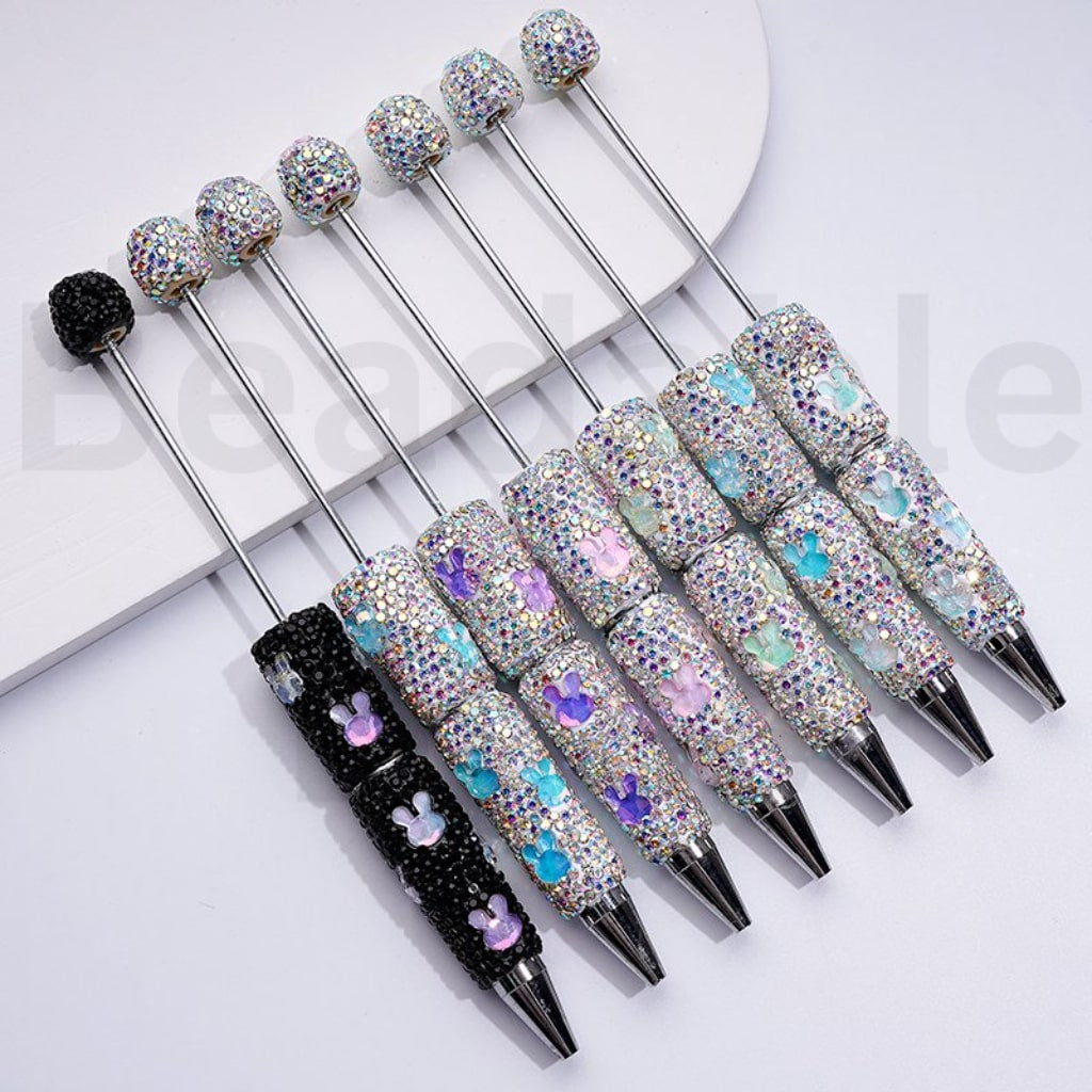 Beadable Clay Pens with Mini Cute Bunny Rabbit Head AB Black Rhinestones Covered the Entire Pen, Random Mix
