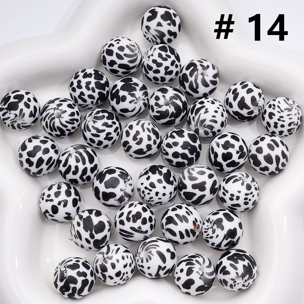 Multi- Color Cow Prints Silicone Beads 15MM, Number Z-00276