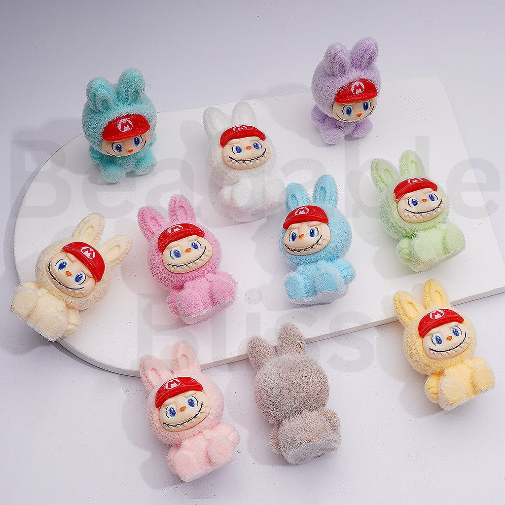 Cute Flocked Funny Monster Doll with Supe Mari Cap Pendants Pen Topper Acrylic Beads, 50*29MM, Random Mix