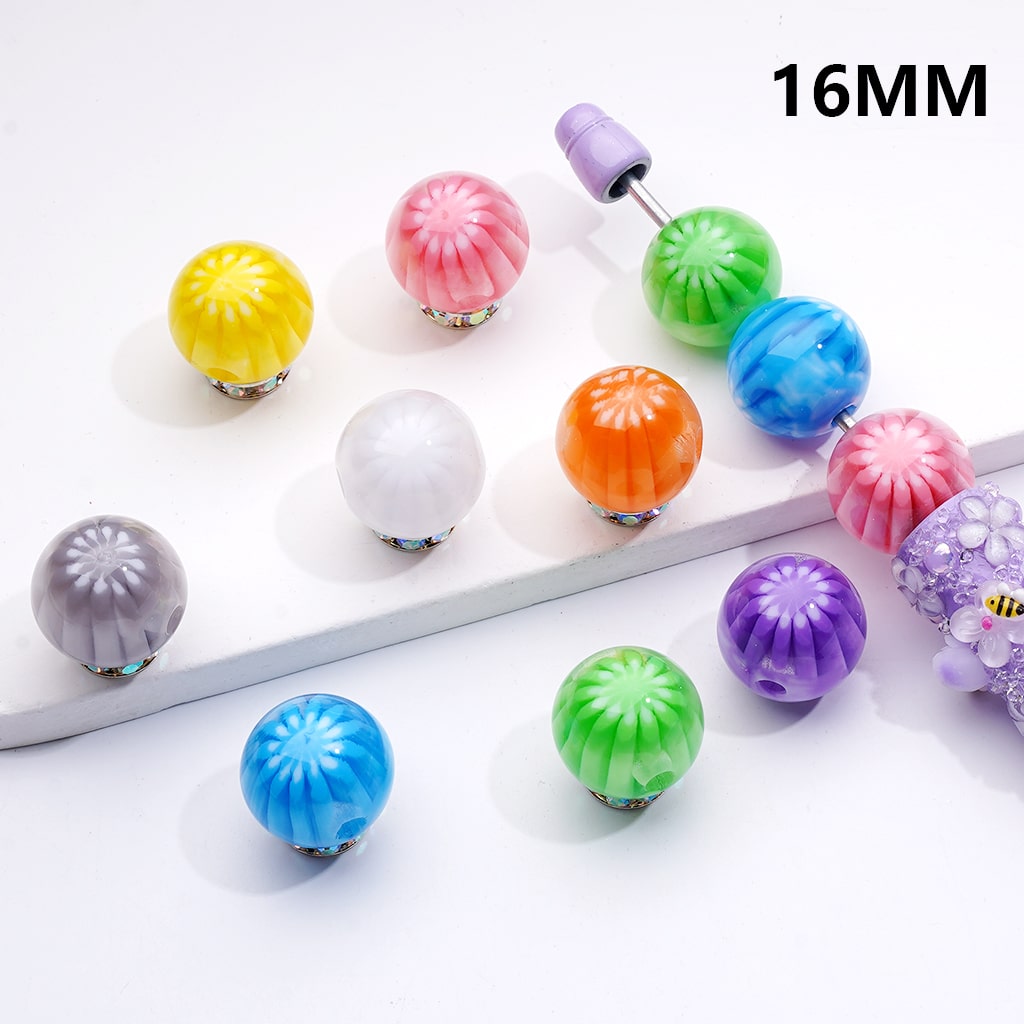 Multi-Color Chrysanthemum-Shaped Stripes Round Acrylic Beads, 16MM (Single Color is only available for 200pcs(whole bag))