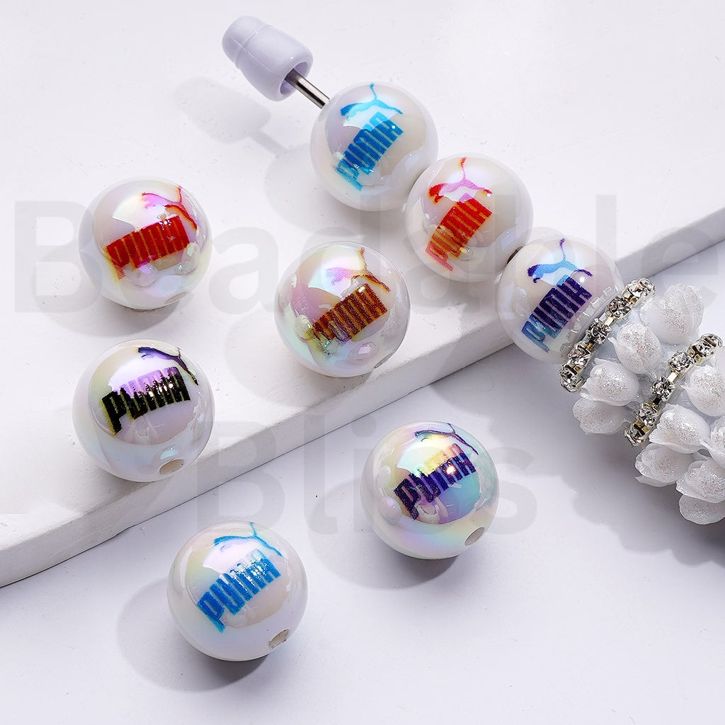UV Coating Pum Sports Brand White Round Acrylic Beads, 16MM, Random Mix