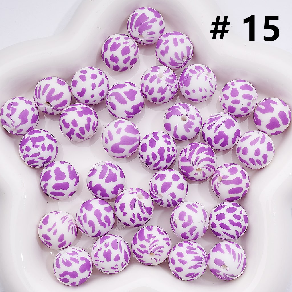 Multi- Color Cow Prints Silicone Beads 15MM, Number Z-00276