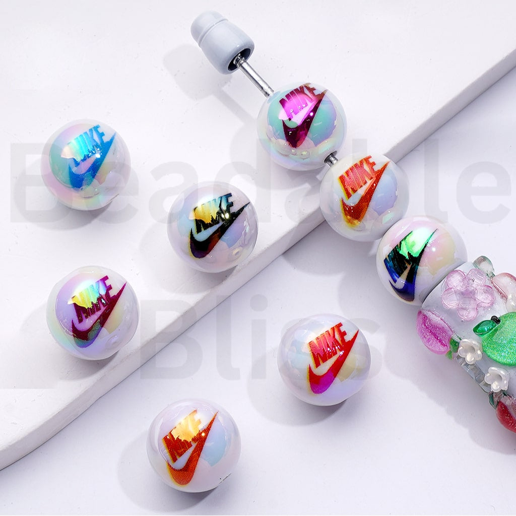UV Coating Nik Sports Brand White Round Acrylic Beads, 16MM, Random Mix