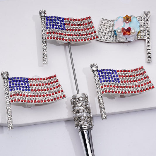 Exquisite Fancy Silver Alloy USA American Flag with Clear Blue Red Shiny Rhinestones Cute Butterflies Snowflakes White Pearls Clay Beads, Around 52*49MM