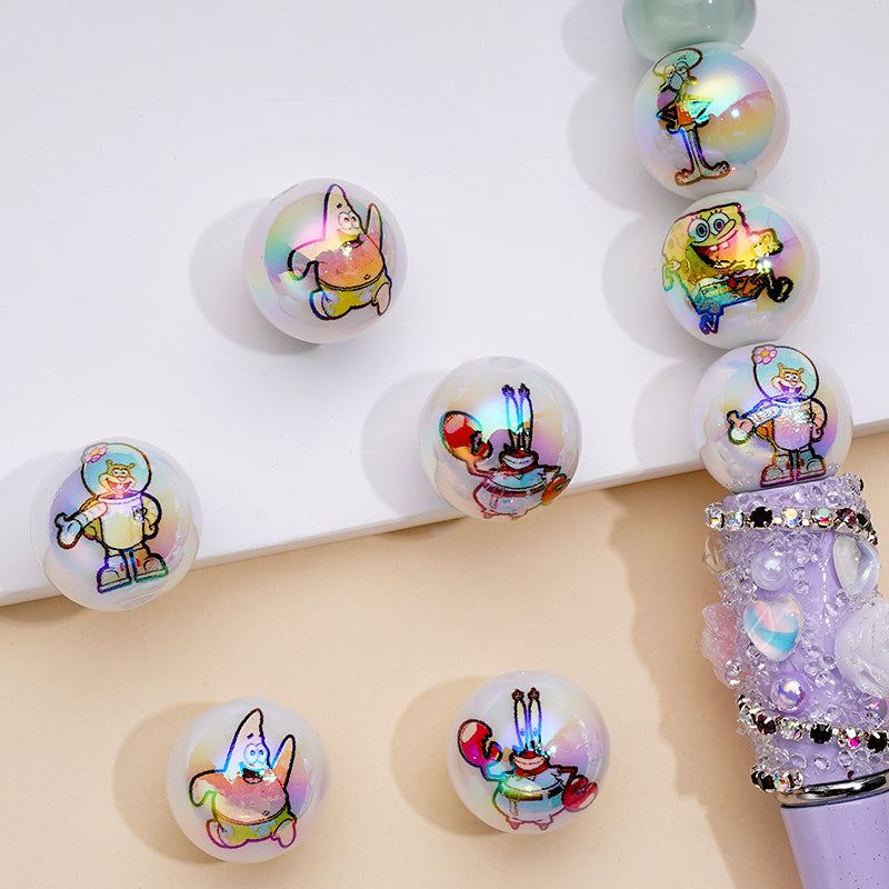 White UV Coating Acrylic Beads with Sponge Cartoon Characters, Random Mix, 16MM
