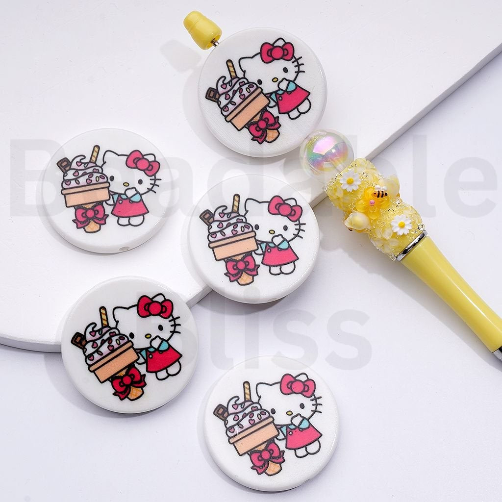 Cute HK Kitten with Blue Wings Ice Cream Drives a Car Unicorn Sanri Round Flat Acrylic Beads, Around 38MM