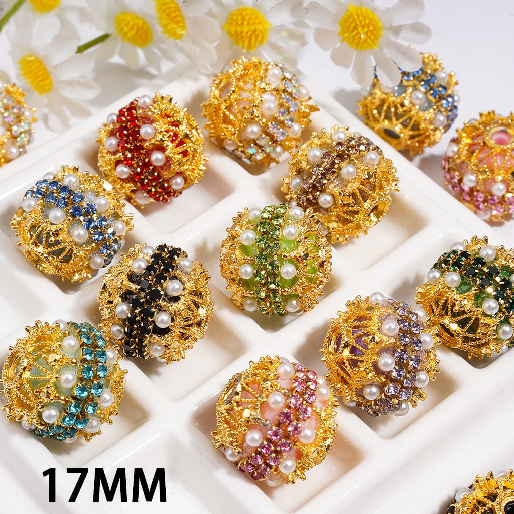 Hand-Made Acrylic Beads w Gold Filigree, Double-Layer Pearls & Clear Rhinestone Chain 17MM, Random Mix