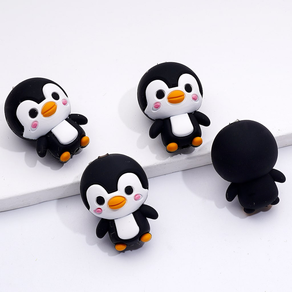 Silicone Focal Beads 3D Cute Penguin, White Black