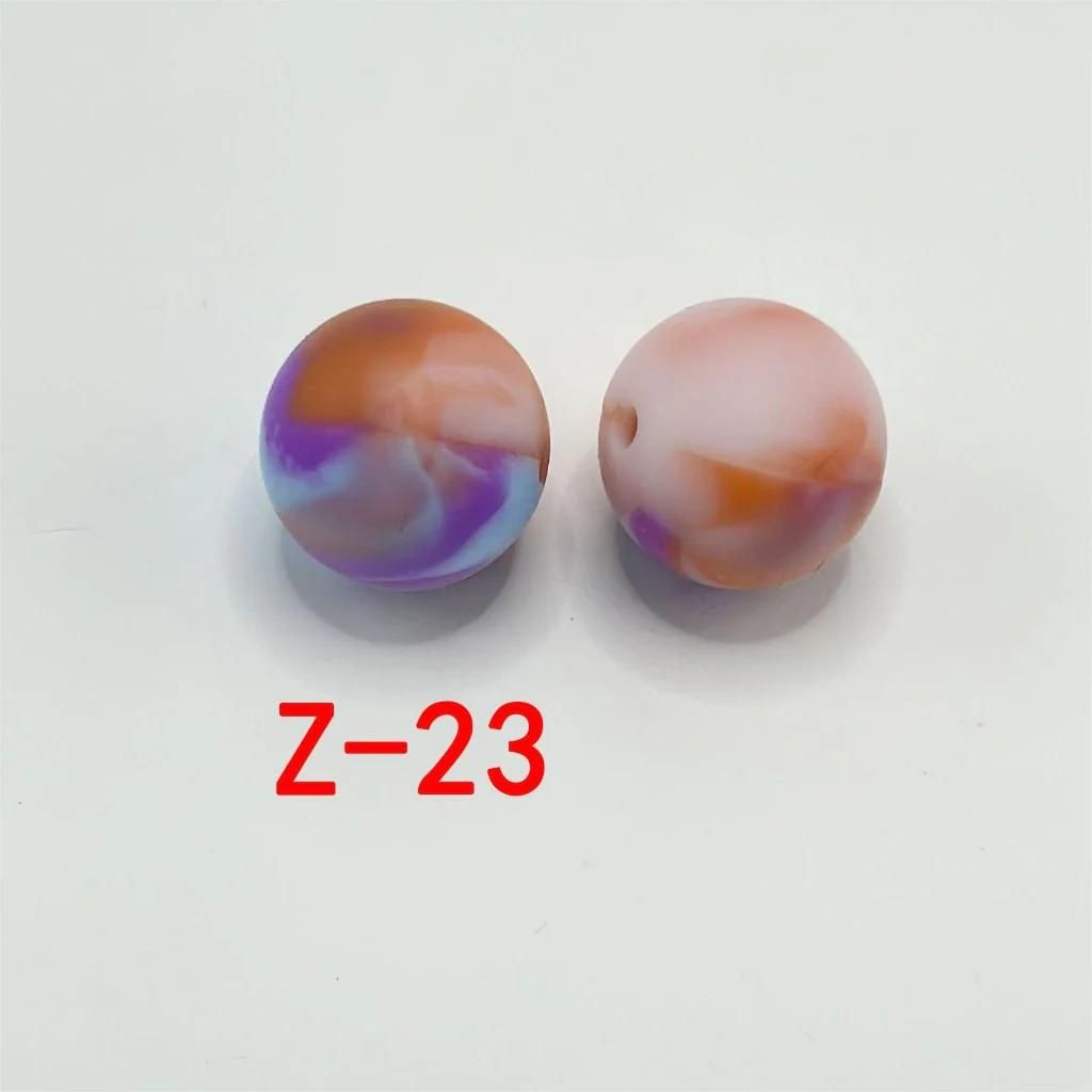 Multicolor Printed Silicone Beads with Swirls, Abstract Marble Pattern, 15mm