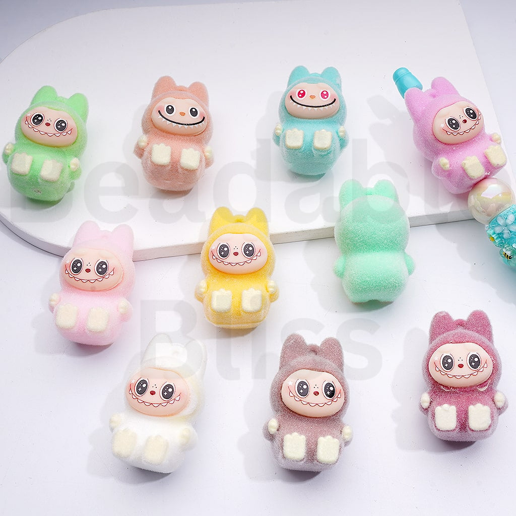 Cute Flocked L-B-B Monster Pop Mar with Dangle Ring Acrylic Beads (All Through Hole), Around 26*40MM, Random Mix