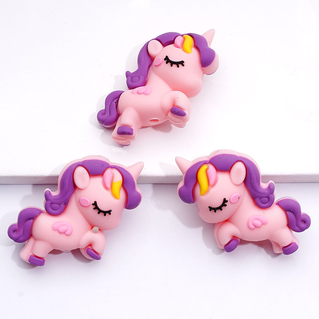 Silicone Focal Beads 3D Unicorn with Purple Mane Tail, Multi-Color