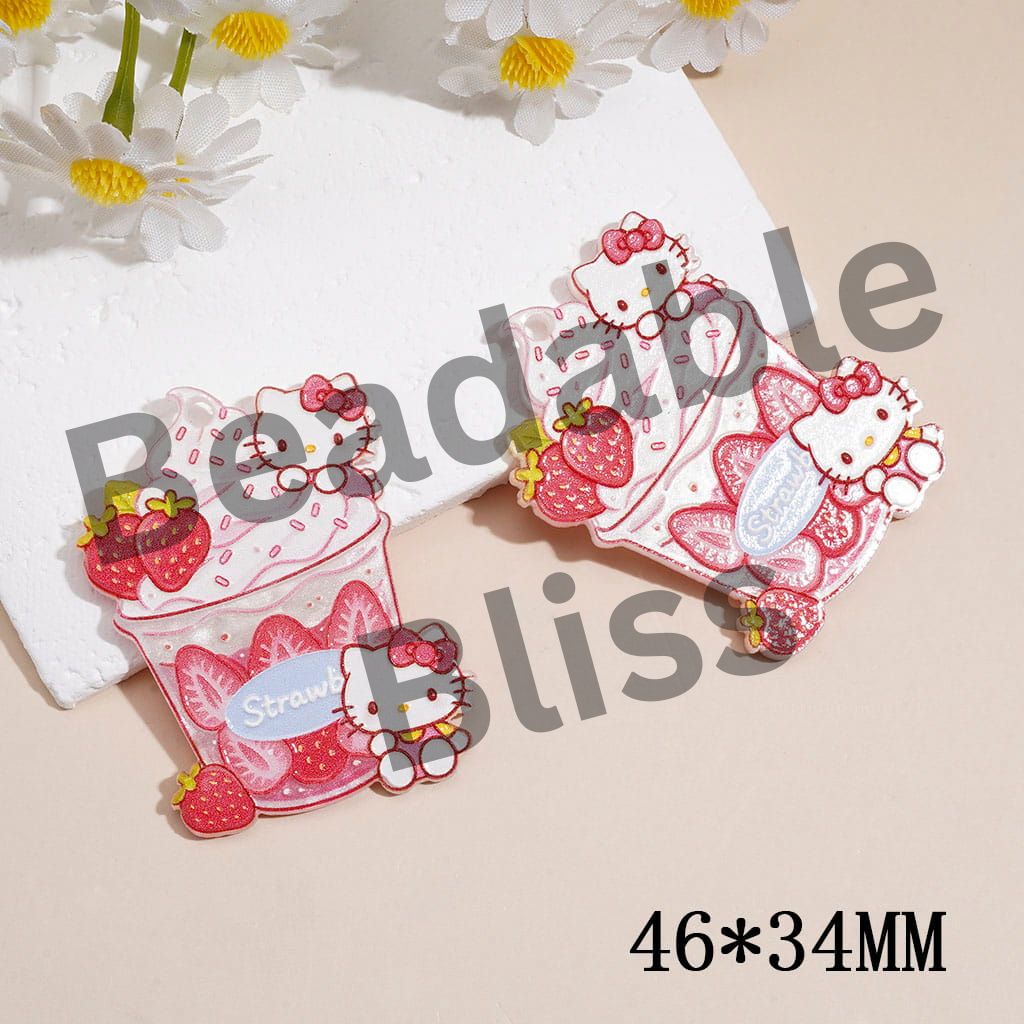 Acrylic Charms Pendants w Cute Cat Character & Strawberry Ice Cream Cup Design, 46*34MM
