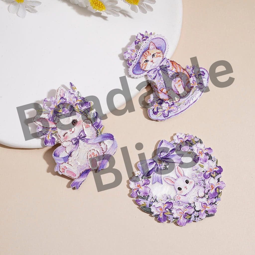 Acrylic Charm Pendants with Purple Iris Flower, Bunny & Kitten Design, Random Mix