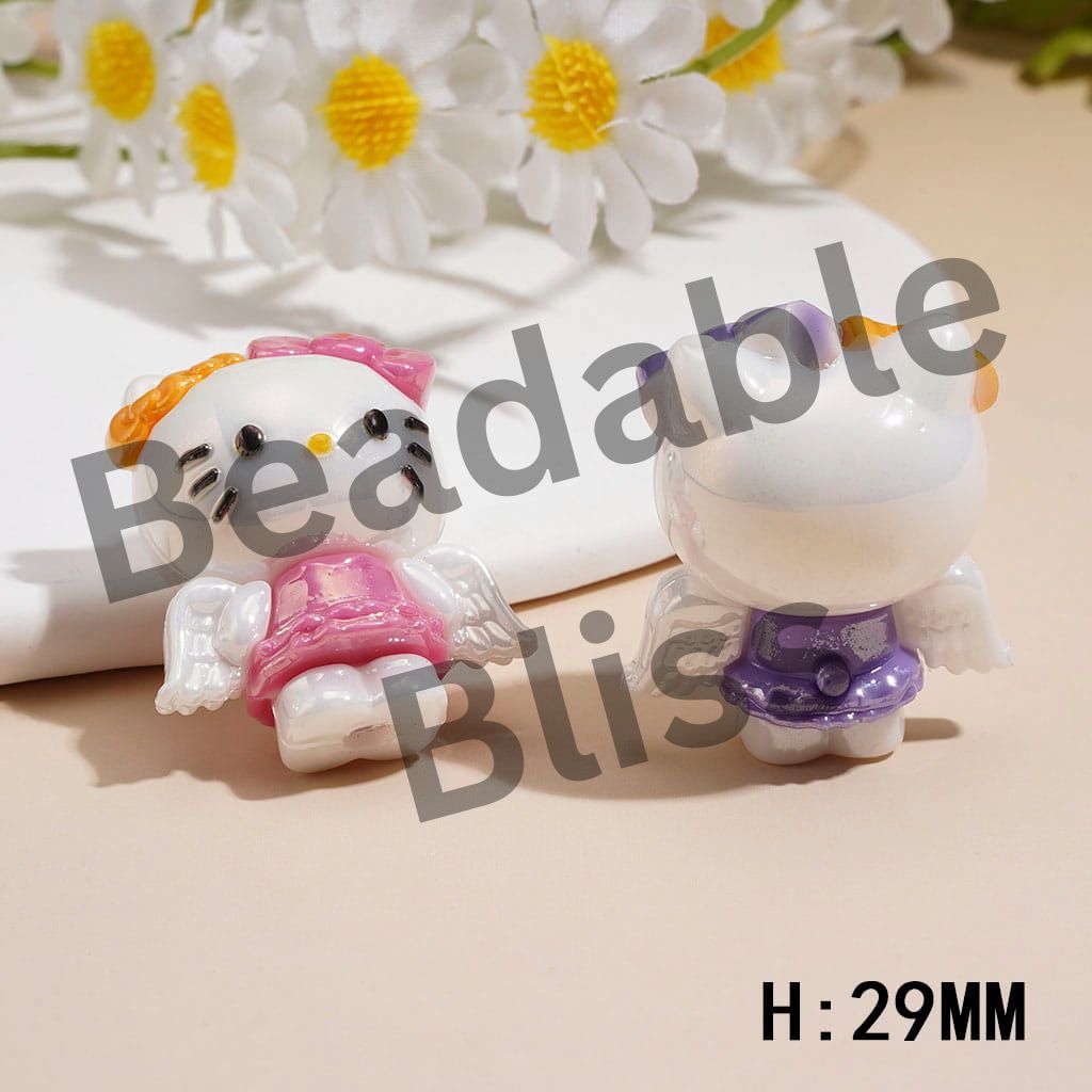 Soft PVC Rubber Beads Cute Cat Character w Angel Wings & Bow Detail, Height 29MM, Random Mix