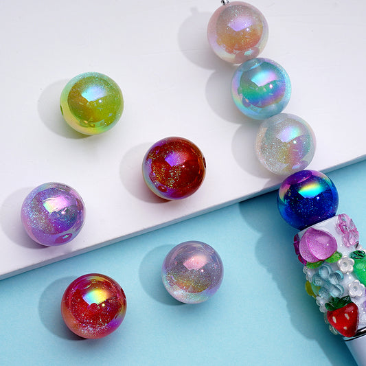 UV Finish Cat Eye Style Shiny Colorful Glittery Round Acrylic Beads, Random Mix, 16MM