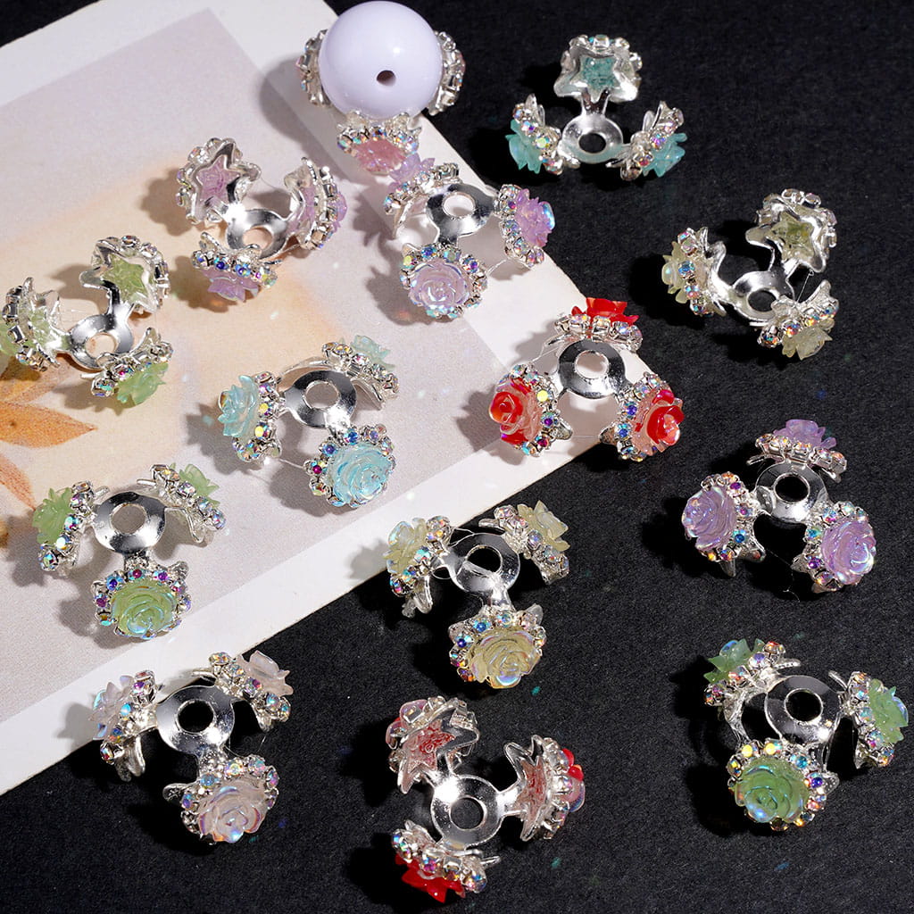 Alloy Bead Cages, Bead Cap in Silver Color, w UV Coating Rose Flowers and AB Rhinestone Chains, Random Mix